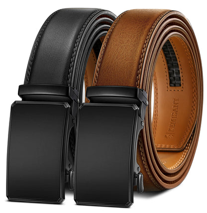 HOTKEMISANT Men's Ratchet Leather Belt 2Pack-Trimmable 1 3/8“-Gift Boxed | Smooth Sliding | Micro Adjustable Fit | Tailored Size | Holeless Understated Elegance