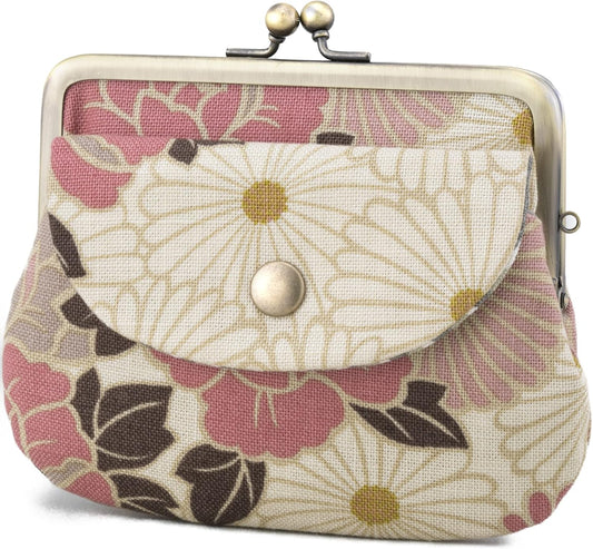 HOTVintage Floral Kiss Lock Coin Change Wallet Purses (Retro Flower - Pinkbeige) / Made in Japan Pouch for Women