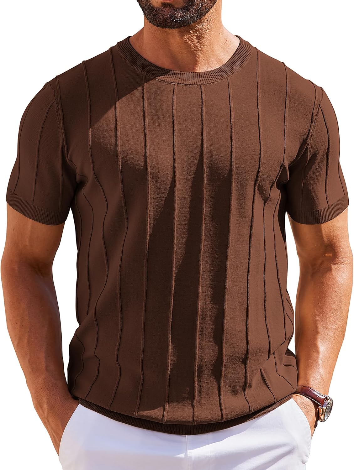 HOTCOOFANDY Men's T- Shirts Short Sleeve Knit Sweater Shirt Casual Crewneck Ribbed Pullover Tees
