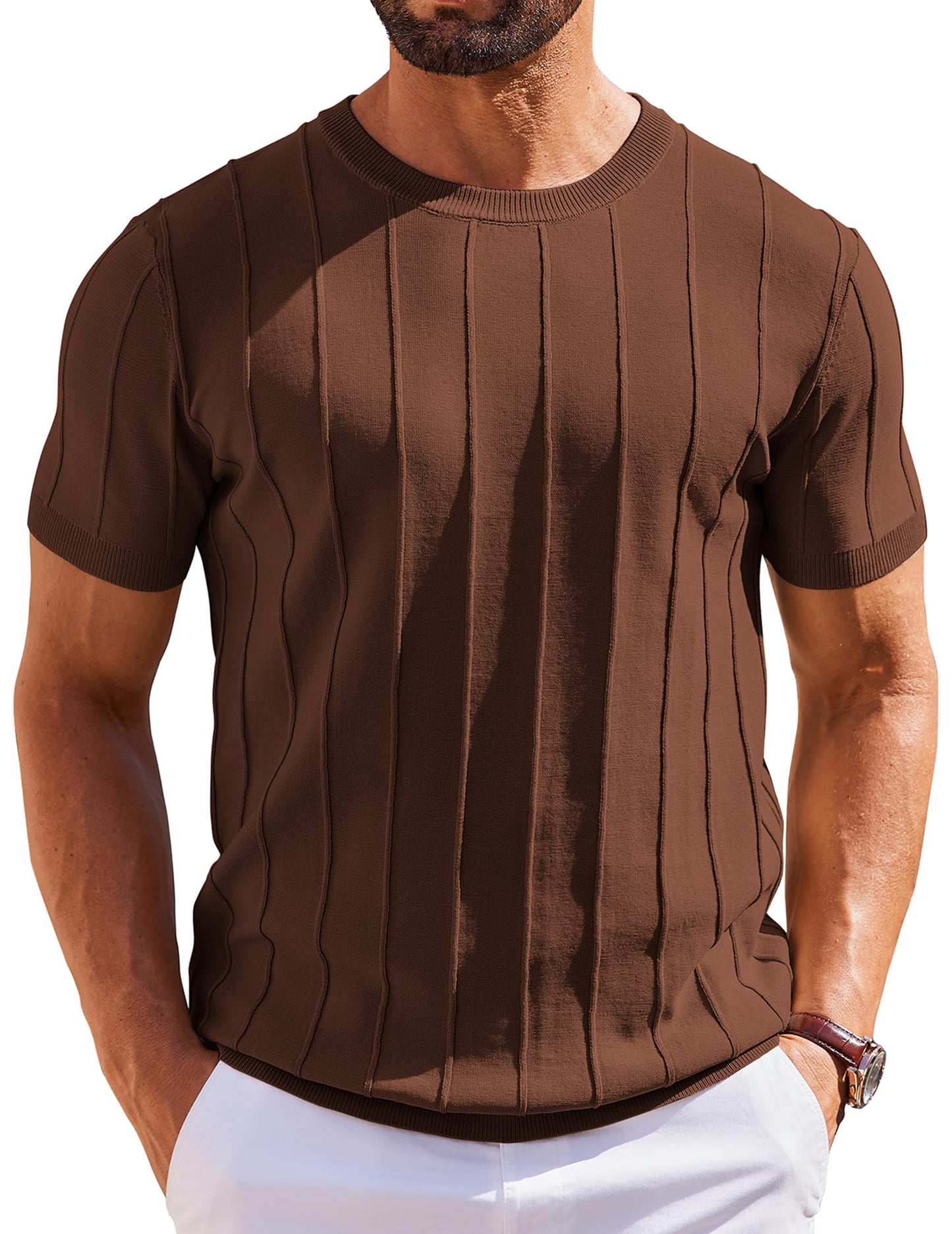 HOTCOOFANDY Men's T- Shirts Short Sleeve Knit Sweater Shirt Casual Crewneck Ribbed Pullover Tees
