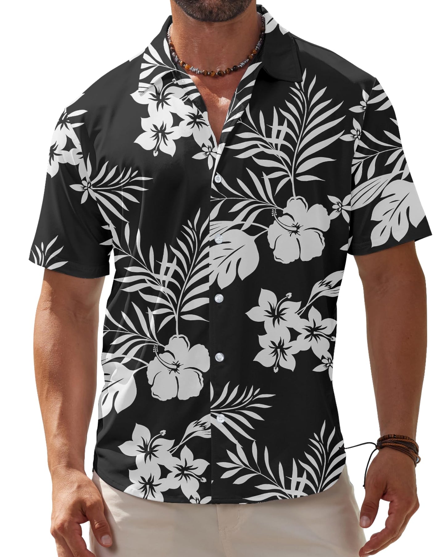 HOTBOJIN Men's Hawaiian Wrinkle Free Short Sleeve Button Down Tropical Floral Beach Vacation Shirt