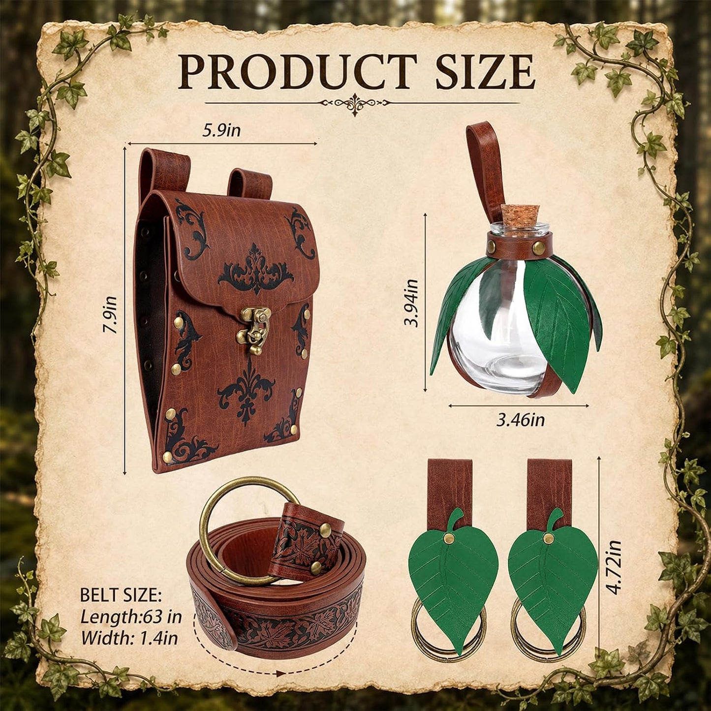 HOT5 PCS Renaissance Accessories-Medieval Potion Belt Set | Medieval Fantasy Style, Forest Leaf Accents, Ranger, Elf, Witch, Pirate, Viking,Renaissance Accessories,Ren Faire Accessories