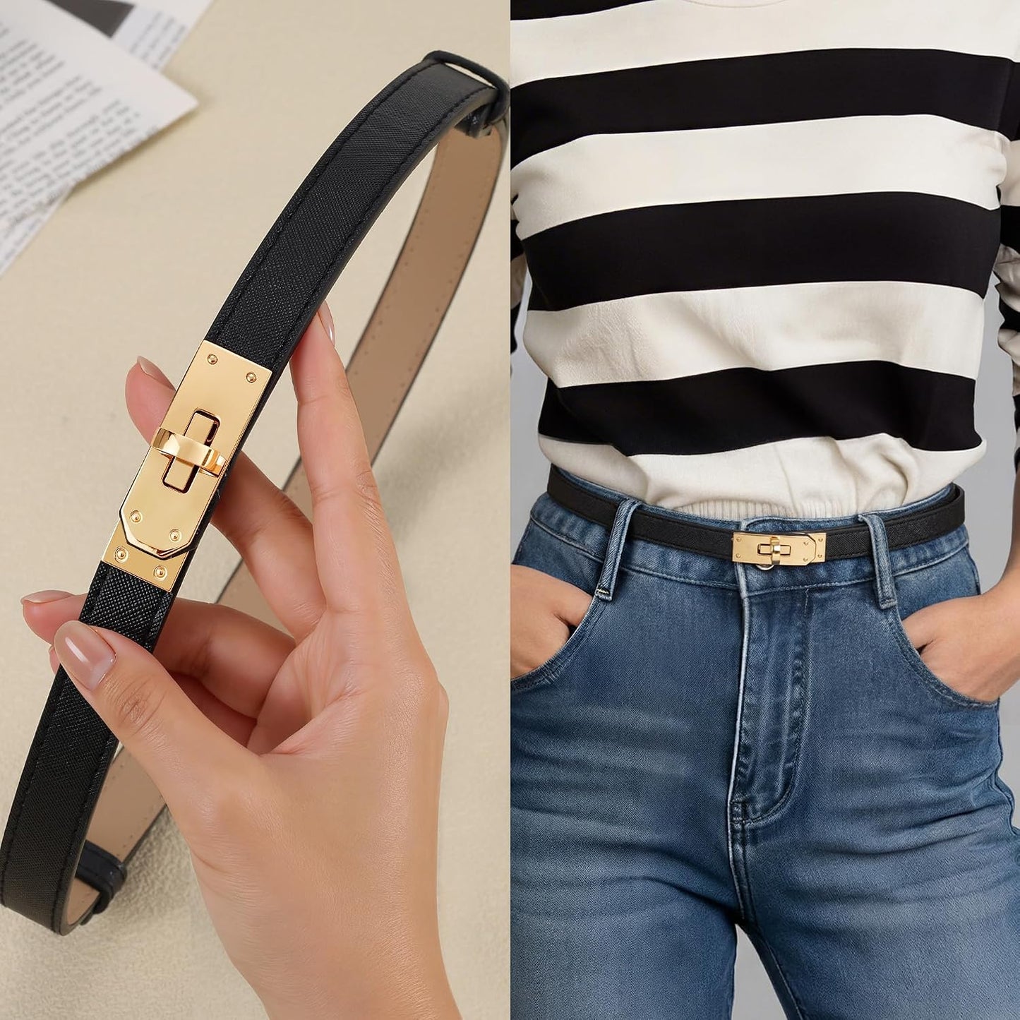 HOT2 Pack Women Skinny Leather Belt for Dresses Jeans Solid Color Alloy Turn Lock