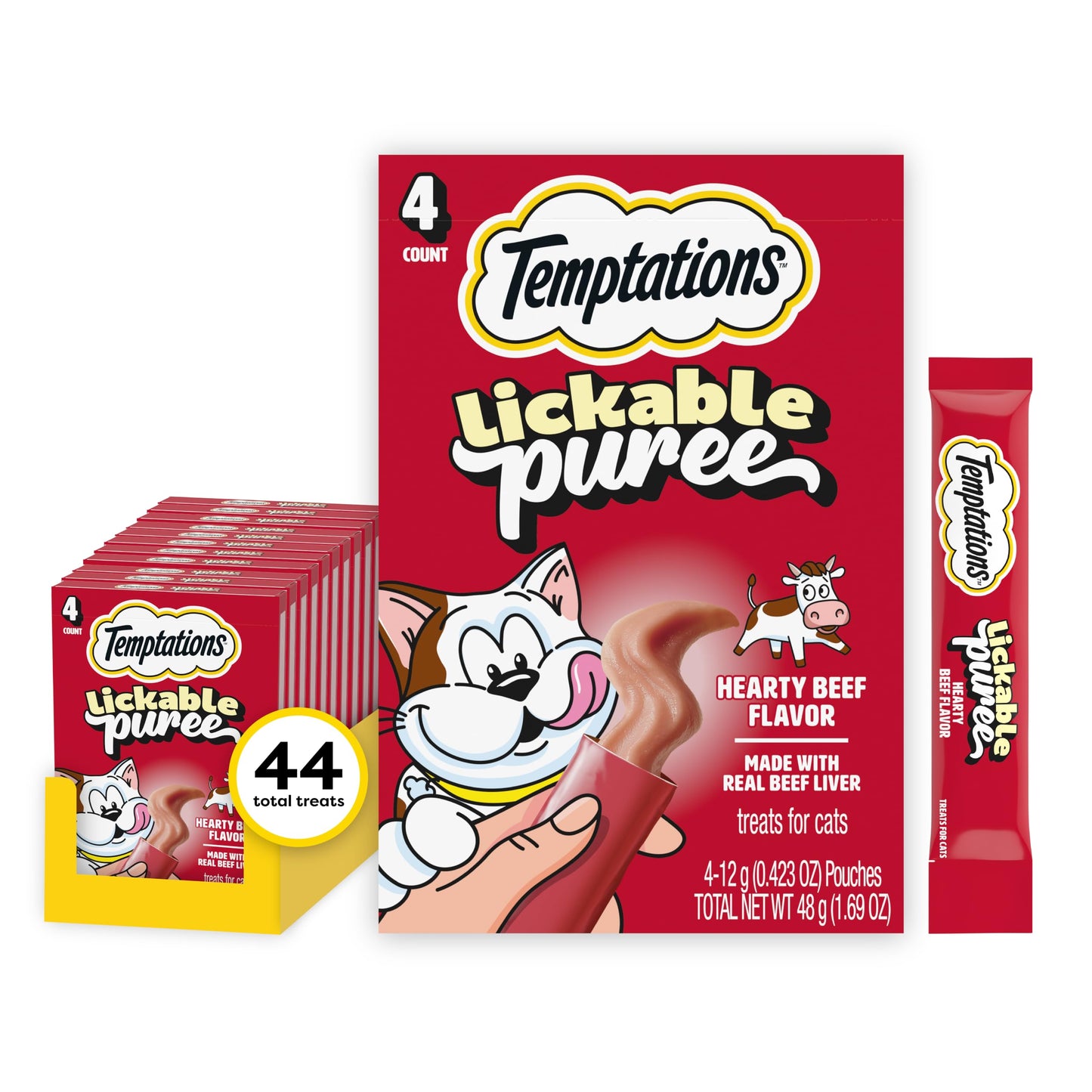 HOTTemptations Creamy Puree Cat Treats, Beef, Chicken, Salmon & Tuna, 48 Count | Beef, Salmon, Chicken & Tuna, under 15 cal/tube, no added sugar or fillers, senior-friendly, meal topper or hand-feed