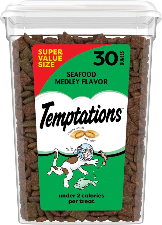 HOTTemptations Classic Crunchy and Soft Cat Treats, Seafood Medley, 30 oz | Under 2 calories per treat, 100% complete & balanced adult cat nutrition, resealable tub, use as snack, meal, or food topper