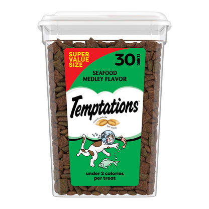 HOTTemptations Classic Crunchy and Soft Cat Treats, Seafood Medley, 30 oz | Under 2 calories per treat, 100% complete & balanced adult cat nutrition, resealable tub, use as snack, meal, or food topper