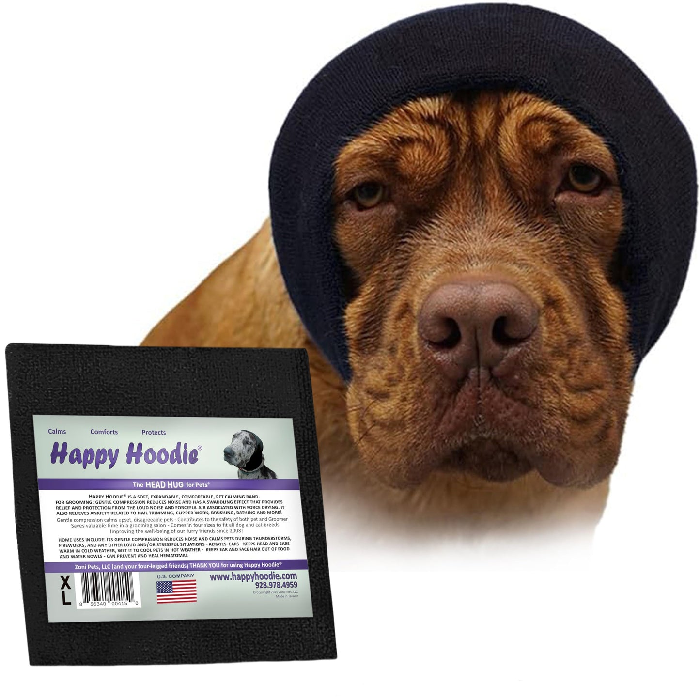 HOTHappy Hoodie The Original Dog & Cat Calming Band - American Brand - Anxiety Relief/Noise Protection - Grooming - Thunder - Fireworks (Black) - Since 2008, Large (Pack of 2)