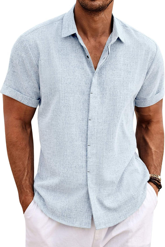HOTCOOFANDY Men's Linen Shirts Short Sleeve Casual Shirts Button Down Shirt for Men Beach Summer Wedding Shirt
