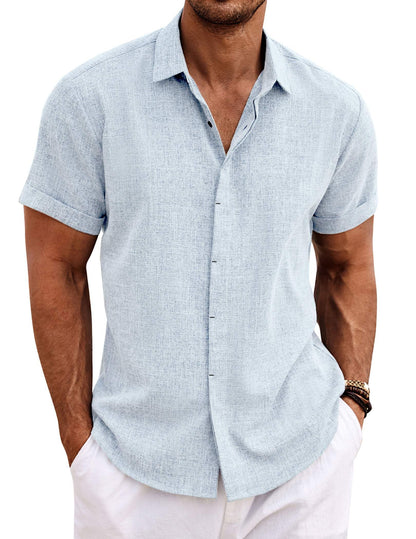 HOTCOOFANDY Men's Linen Shirts Short Sleeve Casual Shirts Button Down Shirt for Men Beach Summer Wedding Shirt