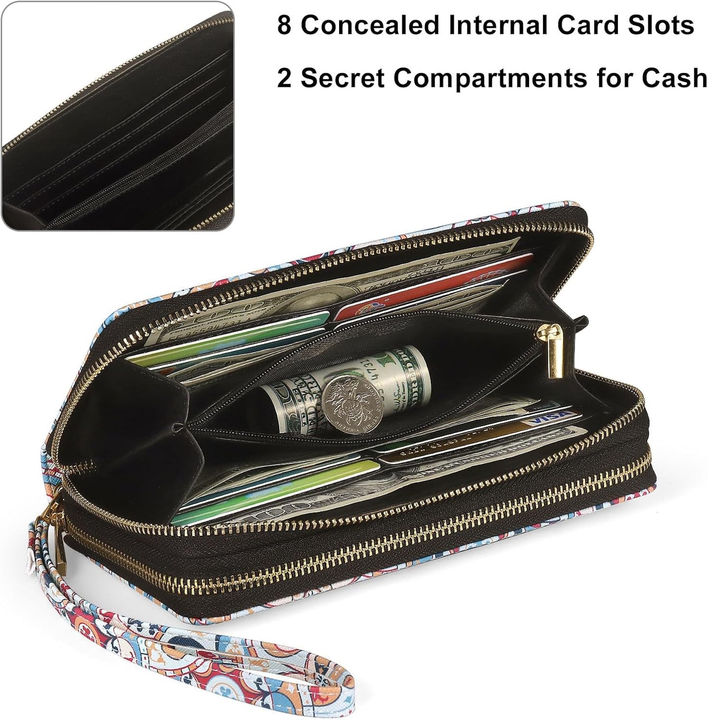 HOTRFID Blocking Cellphone Wallet for Women with Removable Strap, Double Zipper Wristlet Bag Large Capacity, Ladies Travel Clutch Purse, Artistic Flower