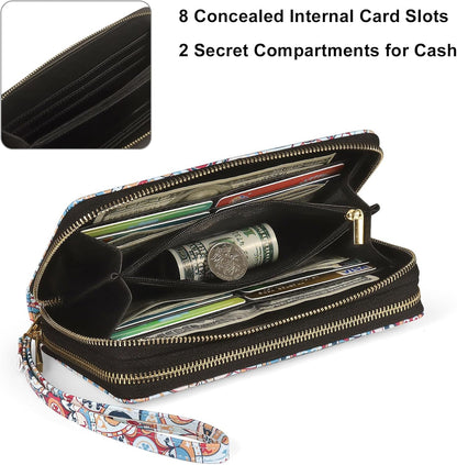 HOTRFID Blocking Cellphone Wallet for Women with Removable Strap, Double Zipper Wristlet Bag Large Capacity, Ladies Travel Clutch Purse, Artistic Flower