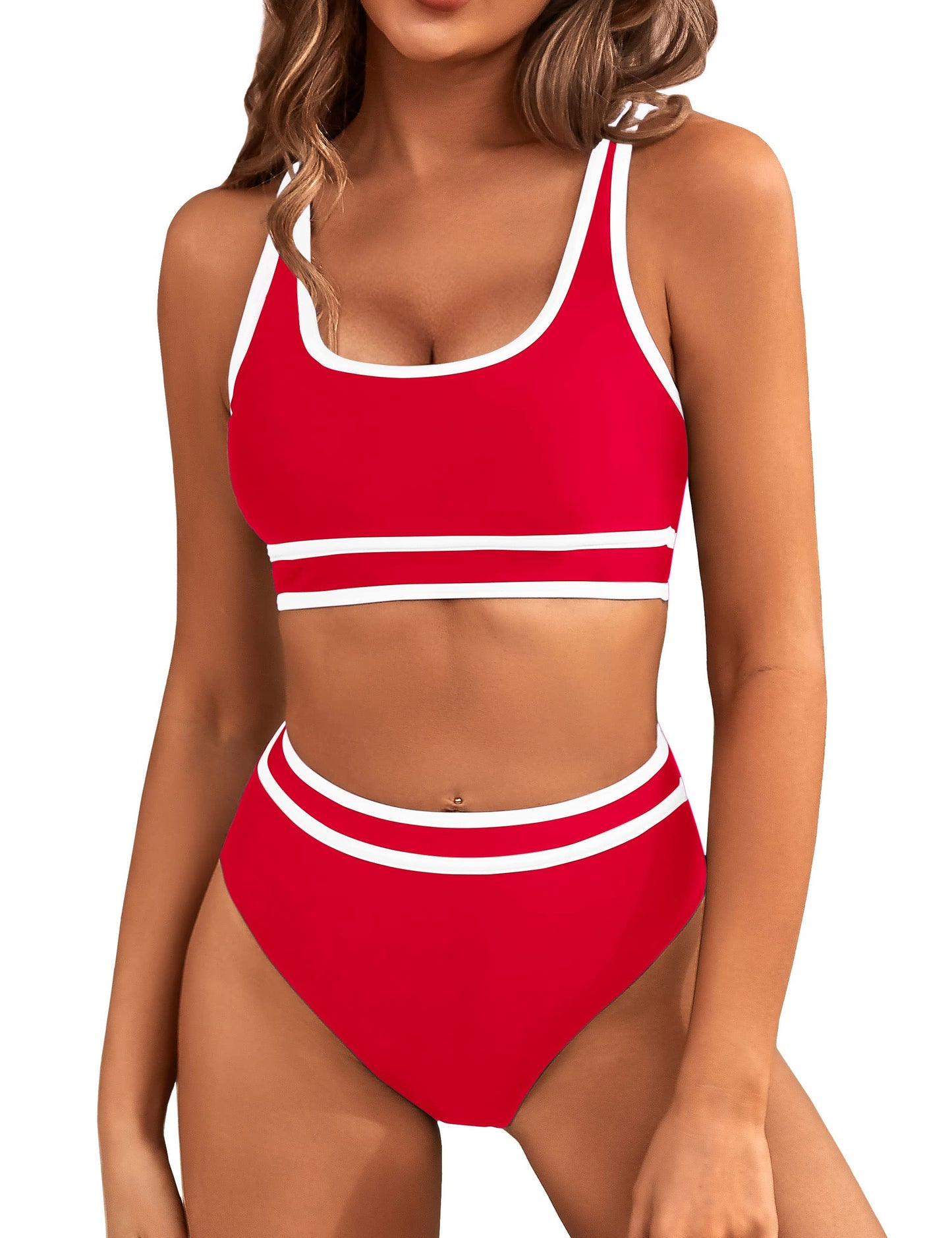 HOTBMJL Women's High Waisted Bikini Sets Sporty Two Piece Swimsuits Color Block Tummy Control Modest Bathing Suit