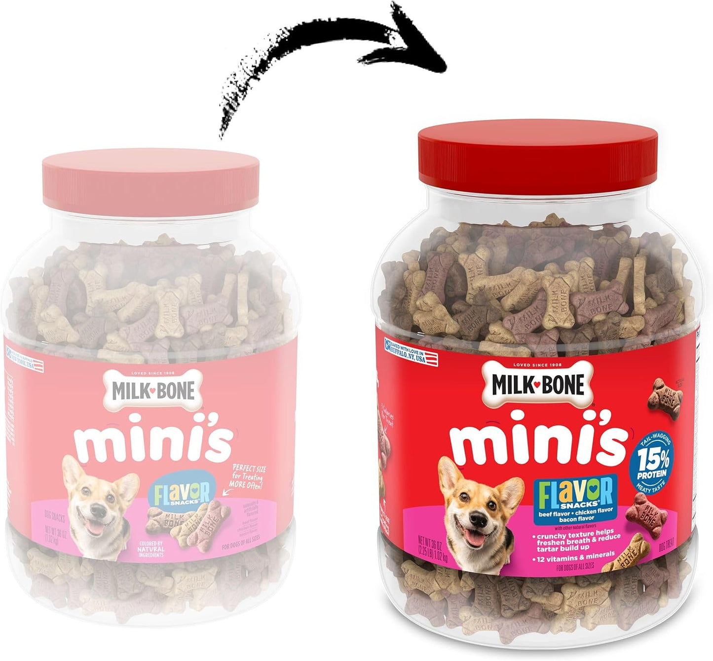 HOTMilk-Bone Flavor Snacks Mini’s Dog Biscuits, Flavored Crunchy Dog Treats, 36 Oz. Canister | 5 calories per treat, 15% protein, 3 flavors per canister (beef, chicken & bacon, naturally & artificially flavored)