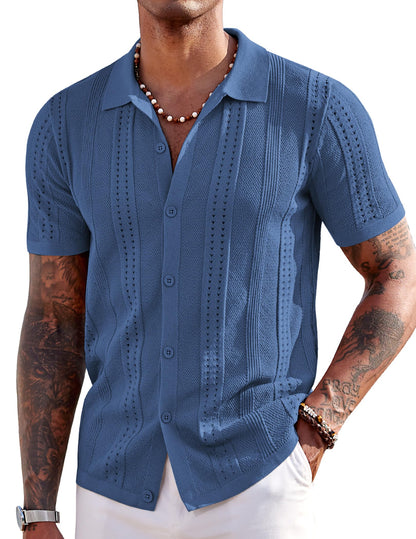 HOTCOOFANDY Men's Knit Shirts Short Sleeve Button Down Polo Shirt Fashion Casual Summer Beach Shirts