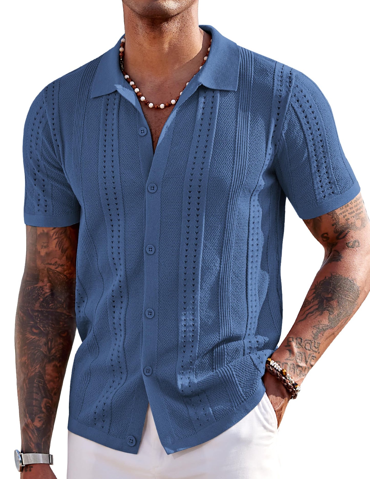 HOTCOOFANDY Men's Knit Shirts Short Sleeve Button Down Polo Shirt Fashion Casual Summer Beach Shirts