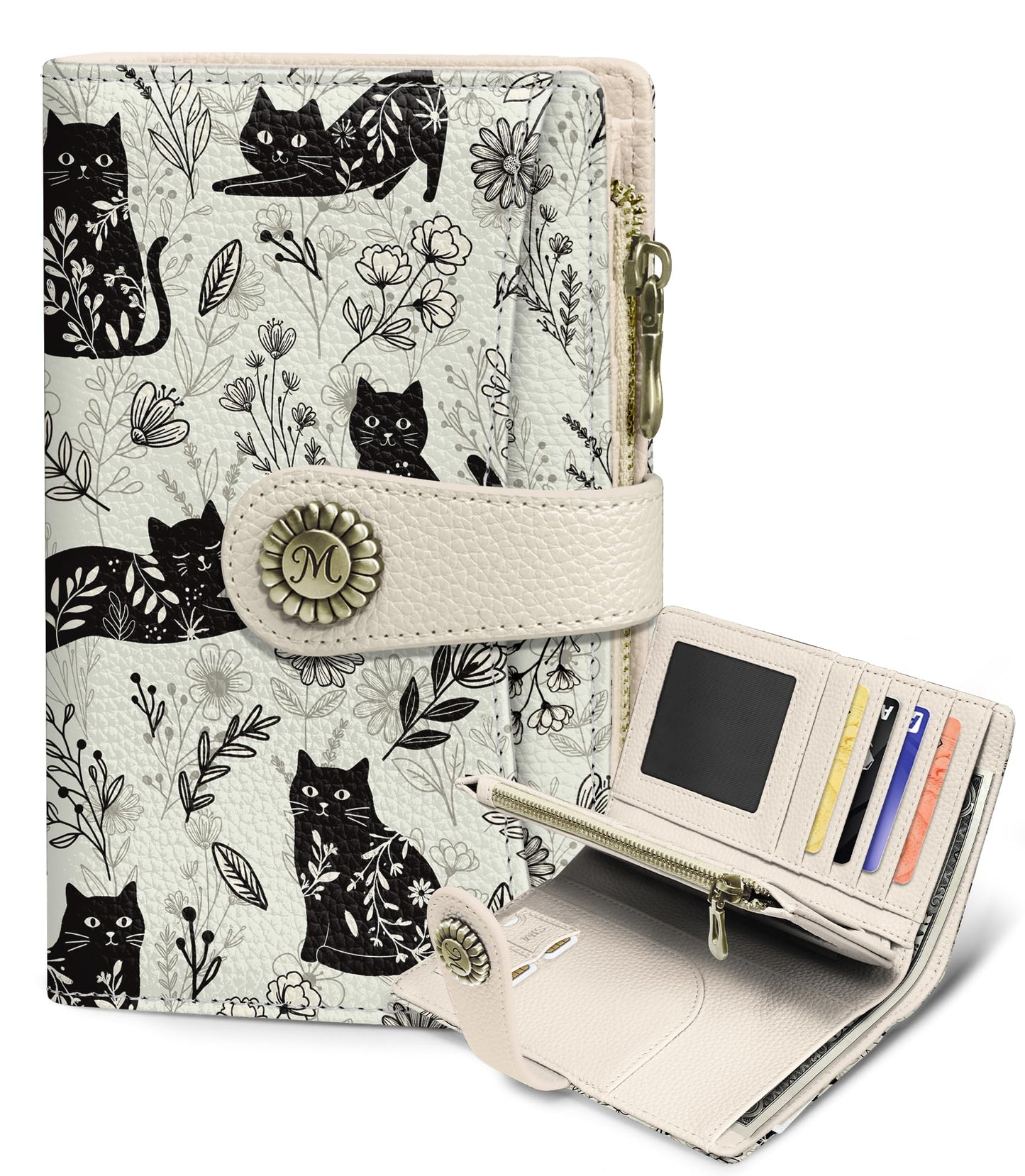 HOTGoth Black Cat Wallet Women RFID Skull Passport Credit Card Holder | Travel billfold, Zipper Coin Pocket, PU Leather, Clutch, Cash Purse, 1 ID Window, Ticket, Pen Holder, Gift for Ladies Girls