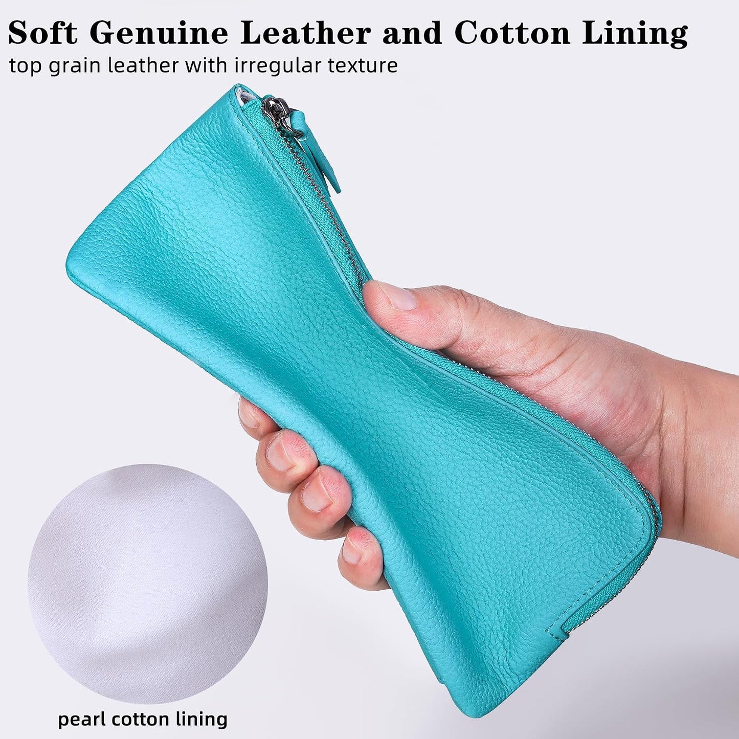 HOTVISOUL Long Zipper Cash Wallet for Women with Removable Credit Card Holder Soft Genuine Pebbled Leather Contrast Color-Lake Blue and Pearl