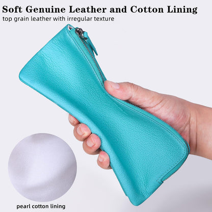 HOTVISOUL Long Zipper Cash Wallet for Women with Removable Credit Card Holder Soft Genuine Pebbled Leather Contrast Color-Lake Blue and Pearl
