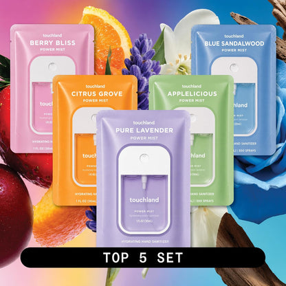 HOTTouchland Top 5 Hydrating Hand Sanitizer Spray Set Travel Size | TSA ready Power Mist with skincare benefits. Applelicious, Berry Bliss, Blue Sandalwood, Citrus Grove and Pure Lavender