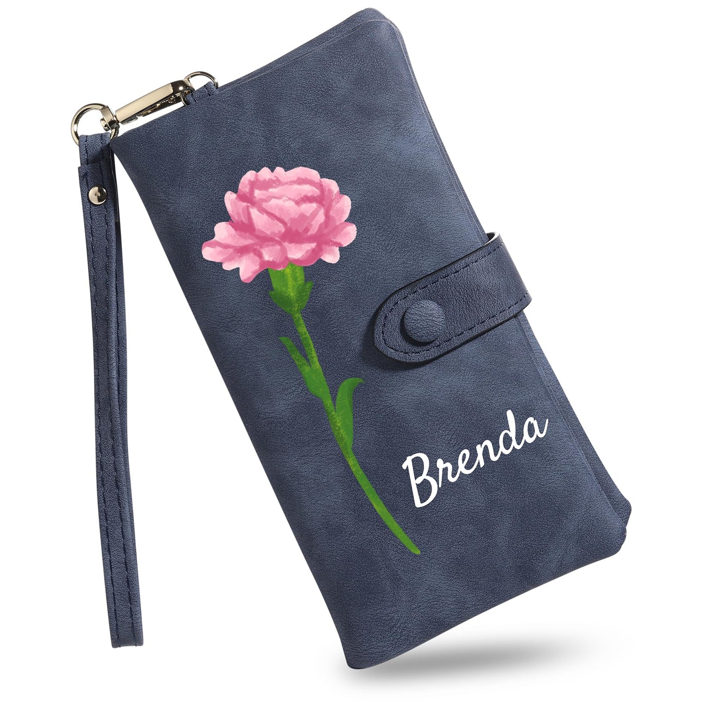 HOTMMXX Personalized Floral Wallet for Women PU Leather Wallet Wristlet with Birth Flower and Name Large Capacity Floral Purse Birthday Gifts for Mom Wife Girlfriend (A1)