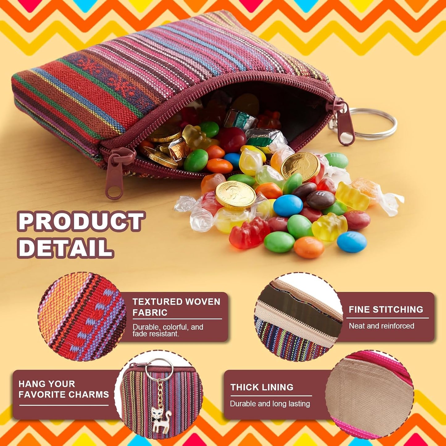HOT24 Pack Mexican Candy Bags Fiesta Cinco De Mayo Mini Coin Purse 3.5 x 4.5 in Mexican Jewelry Zipper Pouches Reusable Cotton Wallet for Wedding Holiday Fiesta Party Favor Gift