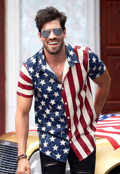 HOTArvilhill Men American Flag Button Shirt 4th of July Short Sleeve Shirts (S-3XL)