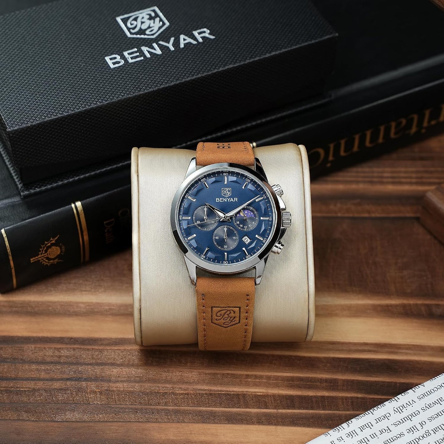 HOTBENYAR Mens Watches Analog Quartz Chronograph Waterproof Wrist Watches for Men Fashion Business Work Casual Sport Designer Dress Watch with Calendar Elegant Gifts for Men