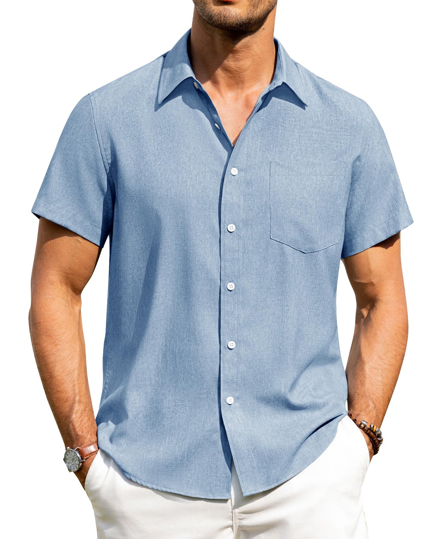 HOTAlimens & Gentle Mens Linen Shirts Short Sleeve Button Down Shirts Wrinkle Free Casual Vacation Beach Summer Tops