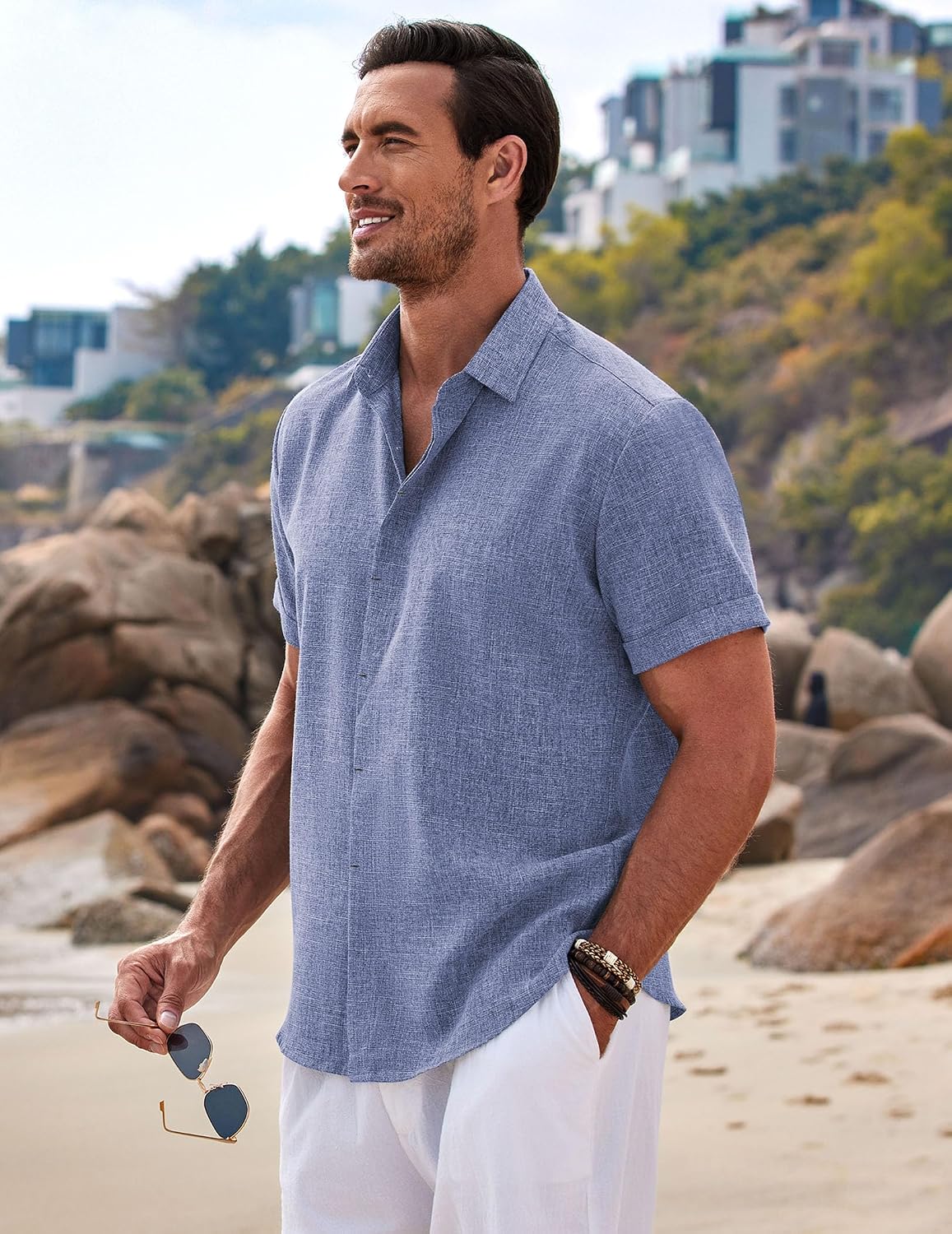 HOTCOOFANDY Men's Linen Shirts Short Sleeve Casual Shirts Button Down Shirt for Men Beach Summer Wedding Shirt