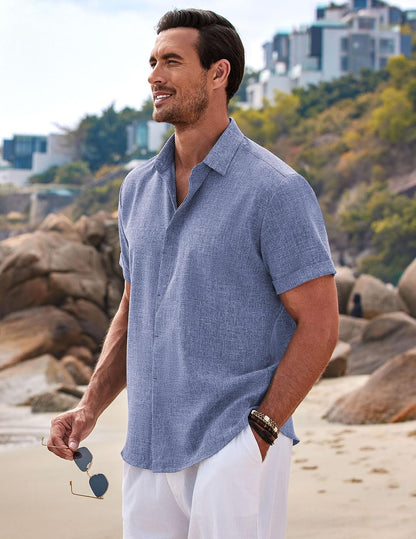 HOTCOOFANDY Men's Linen Shirts Short Sleeve Casual Shirts Button Down Shirt for Men Beach Summer Wedding Shirt