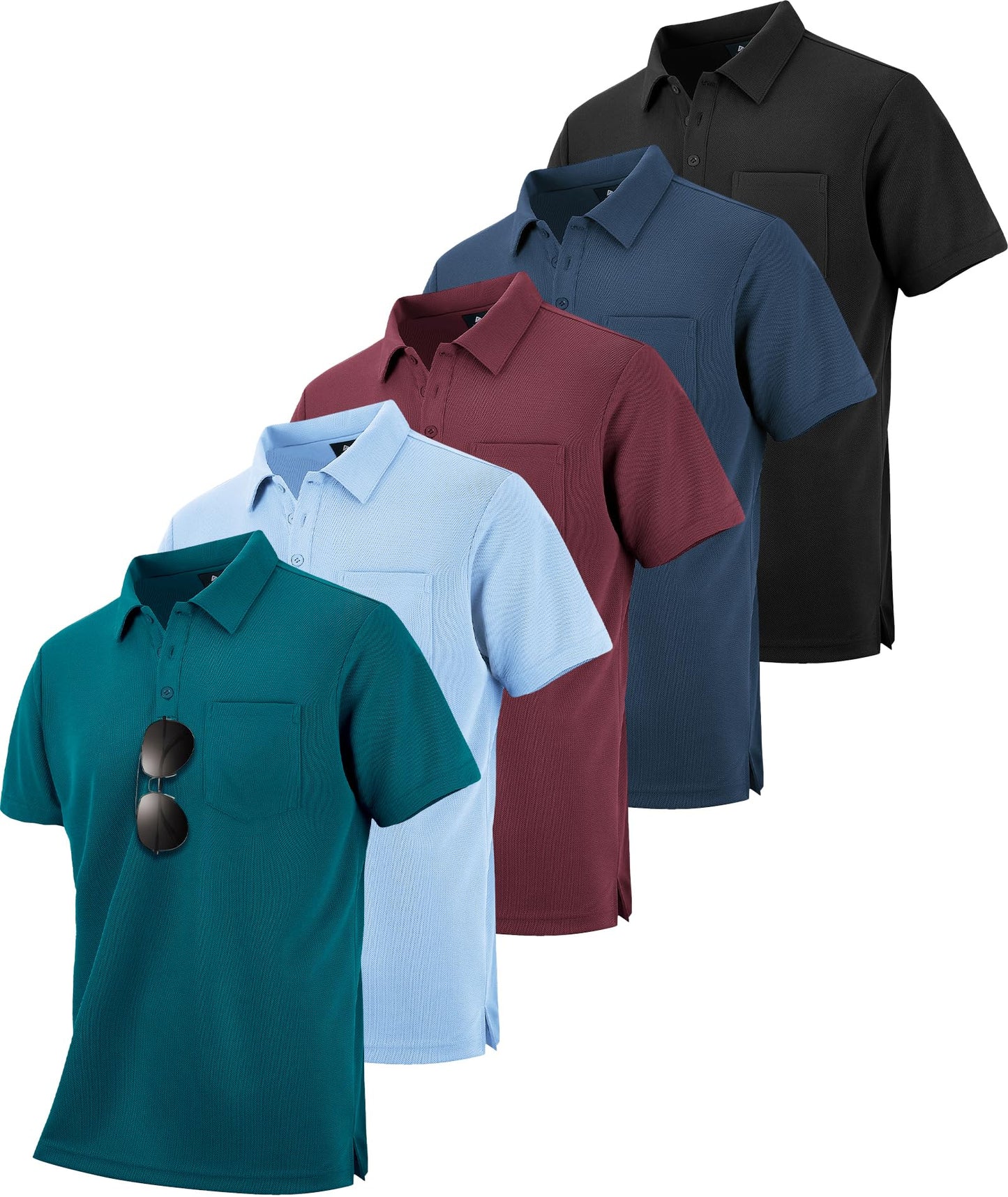 HOTZITY 5 Pack Polo Shirts for Men with Pocket Dry Quickly Short Sleeve Athletic Outdoor Work Collared Shirts