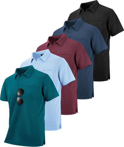 HOTZITY 5 Pack Polo Shirts for Men with Pocket Dry Quickly Short Sleeve Athletic Outdoor Work Collared Shirts