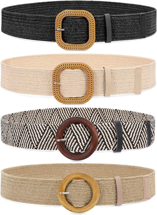 HOTWHIPPY Set of 3/4 Straw Woven Elastic Stretch Waist Belts for Women, Fashion Boho Ladies Braided Skinny Dress Belt