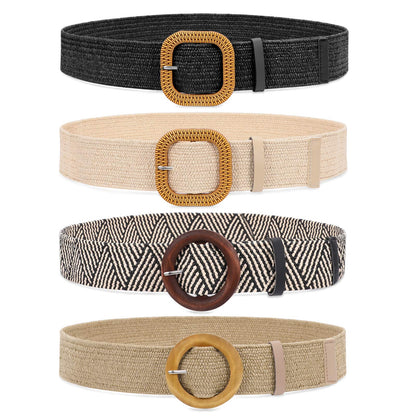 HOTWHIPPY Set of 3/4 Straw Woven Elastic Stretch Waist Belts for Women, Fashion Boho Ladies Braided Skinny Dress Belt