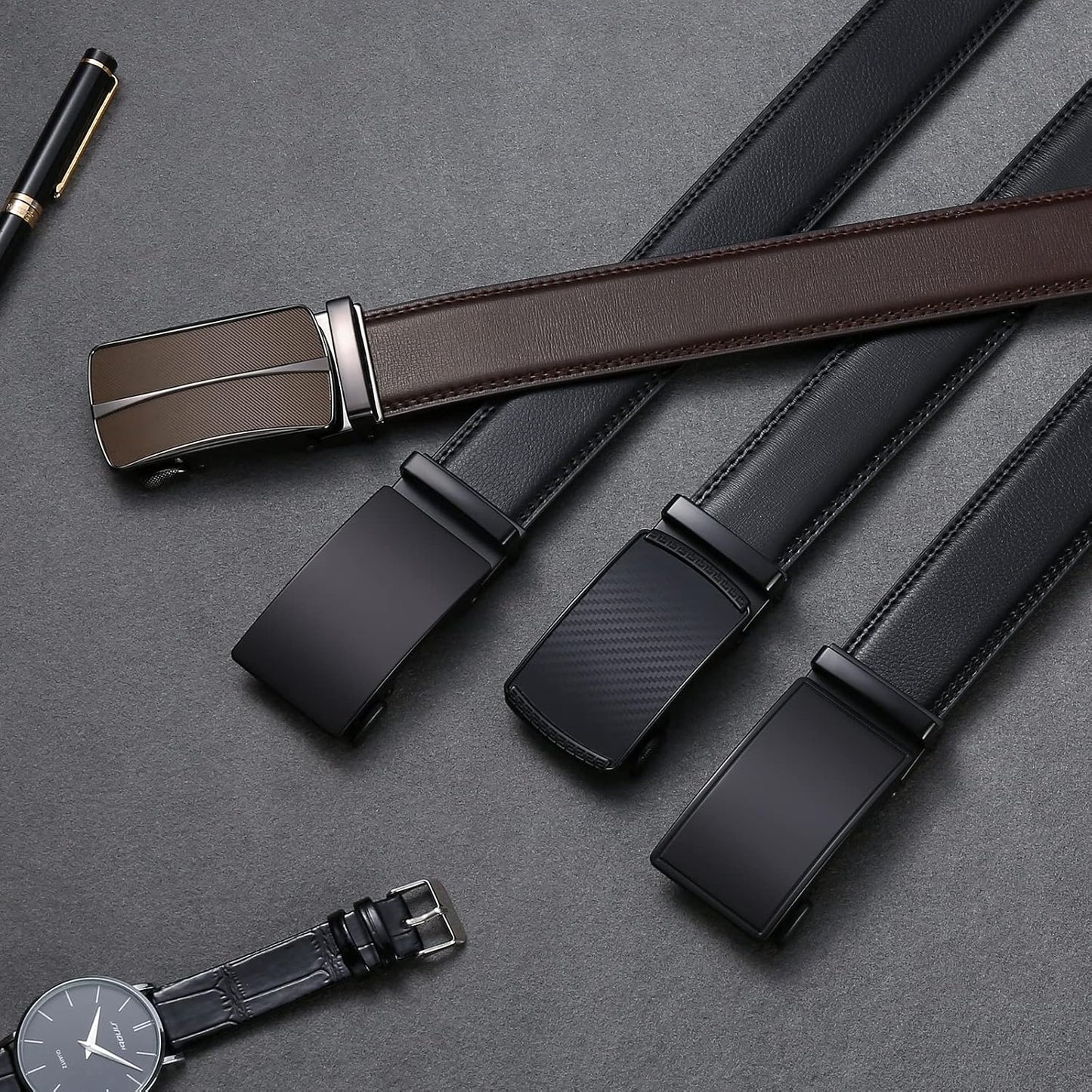 HOTSENDEFN 2 Pack Ratchet Belt Men, Men Leather Belts in Gift Set Box for Dress Casual, Size Adjustable Trim to Fit