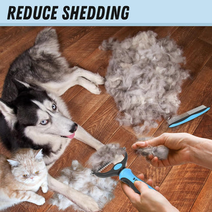HOTDocrok Pet Grooming Combo - Blue Deshedding Brush with Metal Comb for Detangling and Dematting Long, Matted Fur on Cats and Dogs
