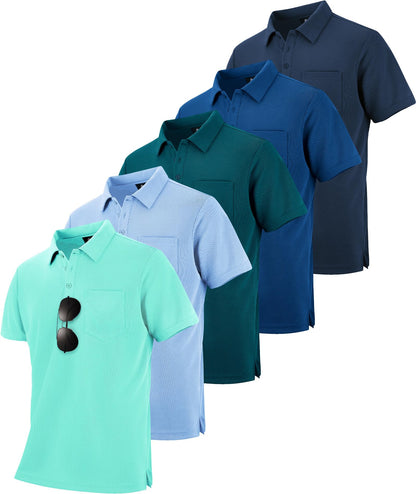 HOTSCODI 5 Pack Mens Pocket Polo Shirts Short Sleeve Multipack Golf Shirt for Men Moisture Wicking Casual Athletic Work T-Shirts