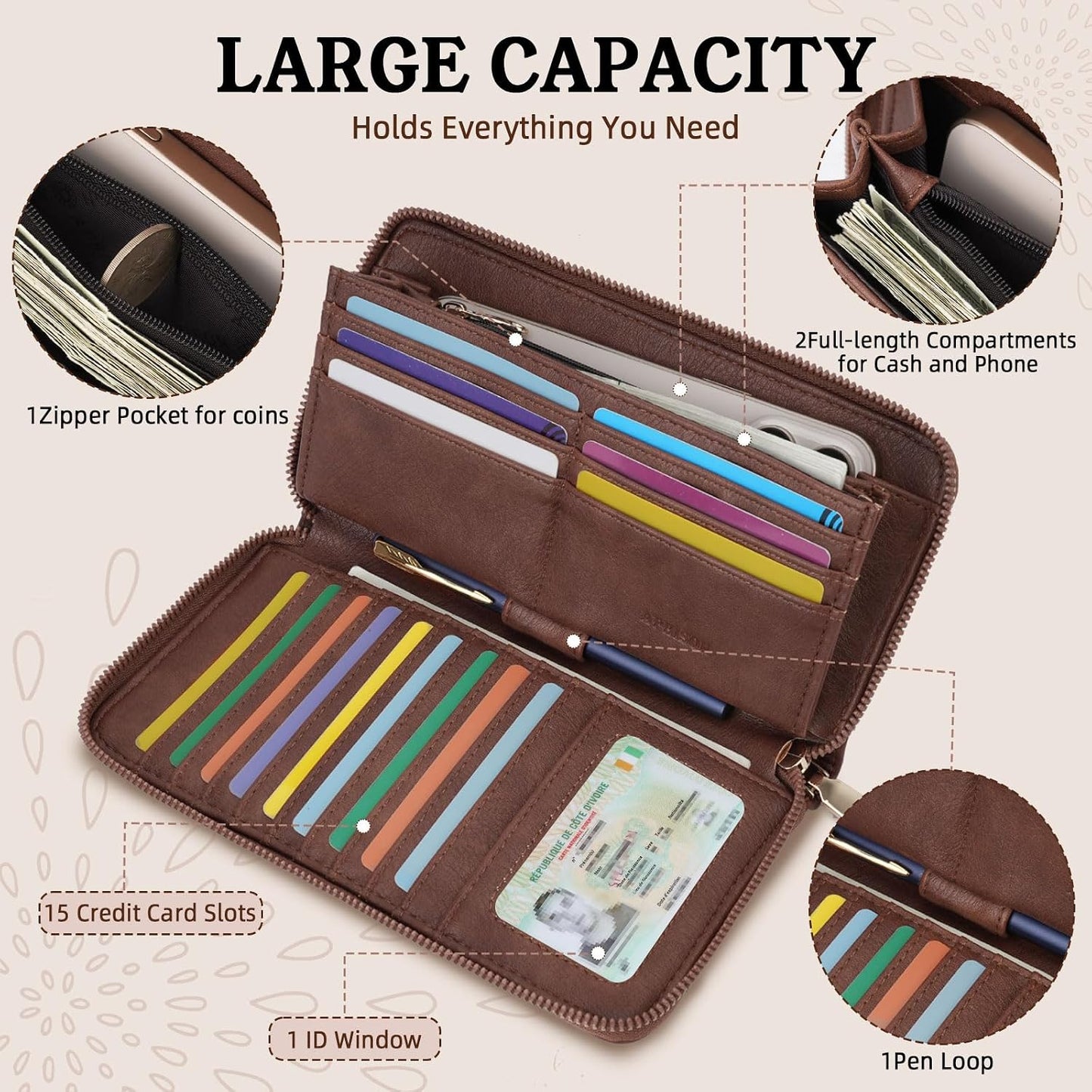 HOTAPHISON Wallet Women Large Capacity Clutch Purse For Ladies Card Holder RFID Wristlet Phone Zipper Coin Travel Pocket