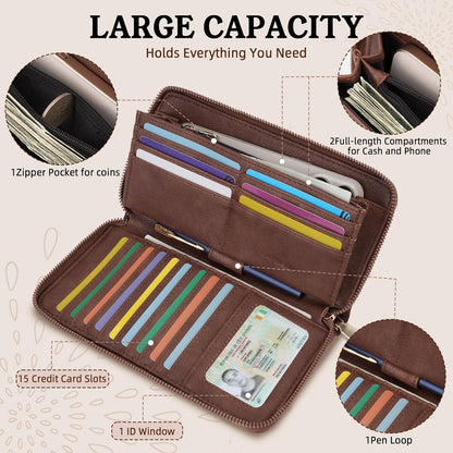HOTAPHISON Wallet Women Large Capacity Clutch Purse For Ladies Card Holder RFID Wristlet Phone Zipper Coin Travel Pocket