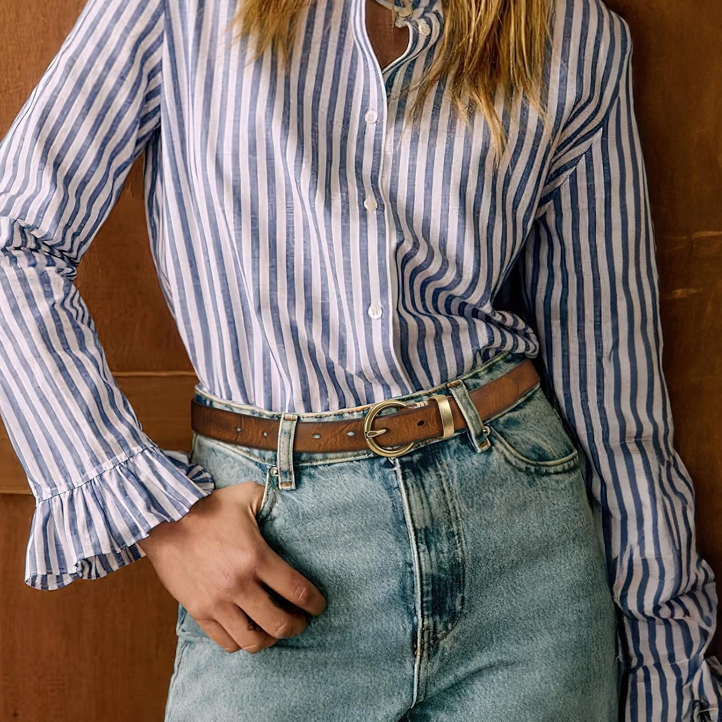 HOTSANSTHS Womens Genuine Leather Belts for Jeans Pants Trendy Vintage Thin Leather Belt Gold Buckle Ladies Skinny Waist Belt