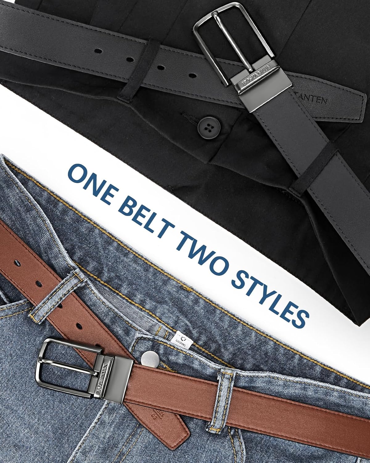 HOTBOSTANTEN Belt Men Leather Reversible Belts for Men 1 3/8" for Casual Golf Dress Pants, Two-in-One Belt Gift