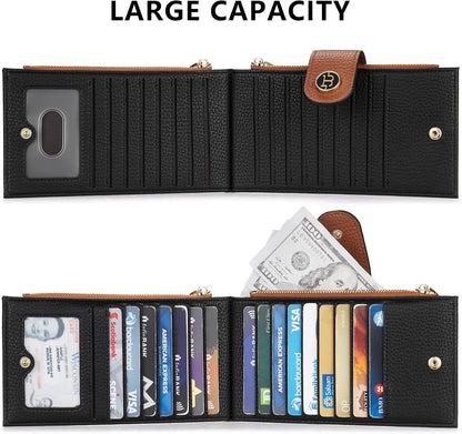HOTBOSTANTEN Leather Wallets for Women Large RFID Blocking Slim Bifold Purse Card Holder with Zipper Pocket Black＆Brown