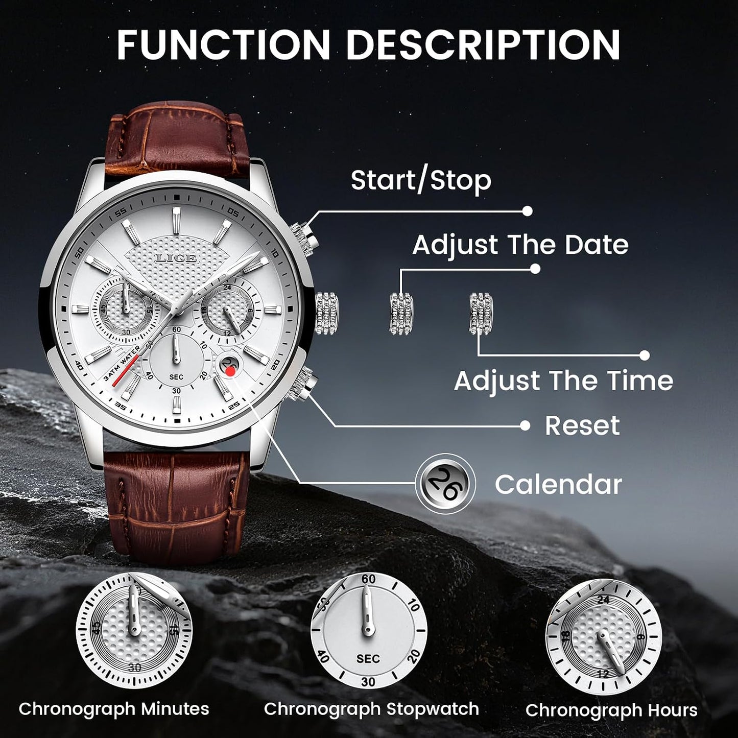 HOTLIGE Wrist Leather Watches for Men Analog Dress Chronograph Waterproof Vintage Work Casual Quartz with Date Display Chronograph Luminous 30M Water Resistant Business Classic Mens Watch