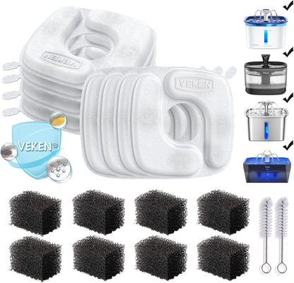 HOTVeken Cat Water Fountain Filters, 8 Pack Replacement Filters & 8 Pack Replacement Pre-Filter Sponges Set for 50oz, 84oz, 95oz or 108oz Automatic Pet Fountain Dog Water Dispenser