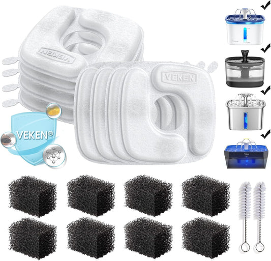 HOTVeken Cat Water Fountain Filters, 8 Pack Replacement Filters & 8 Pack Replacement Pre-Filter Sponges Set for 50oz, 84oz, 95oz or 108oz Automatic Pet Fountain Dog Water Dispenser