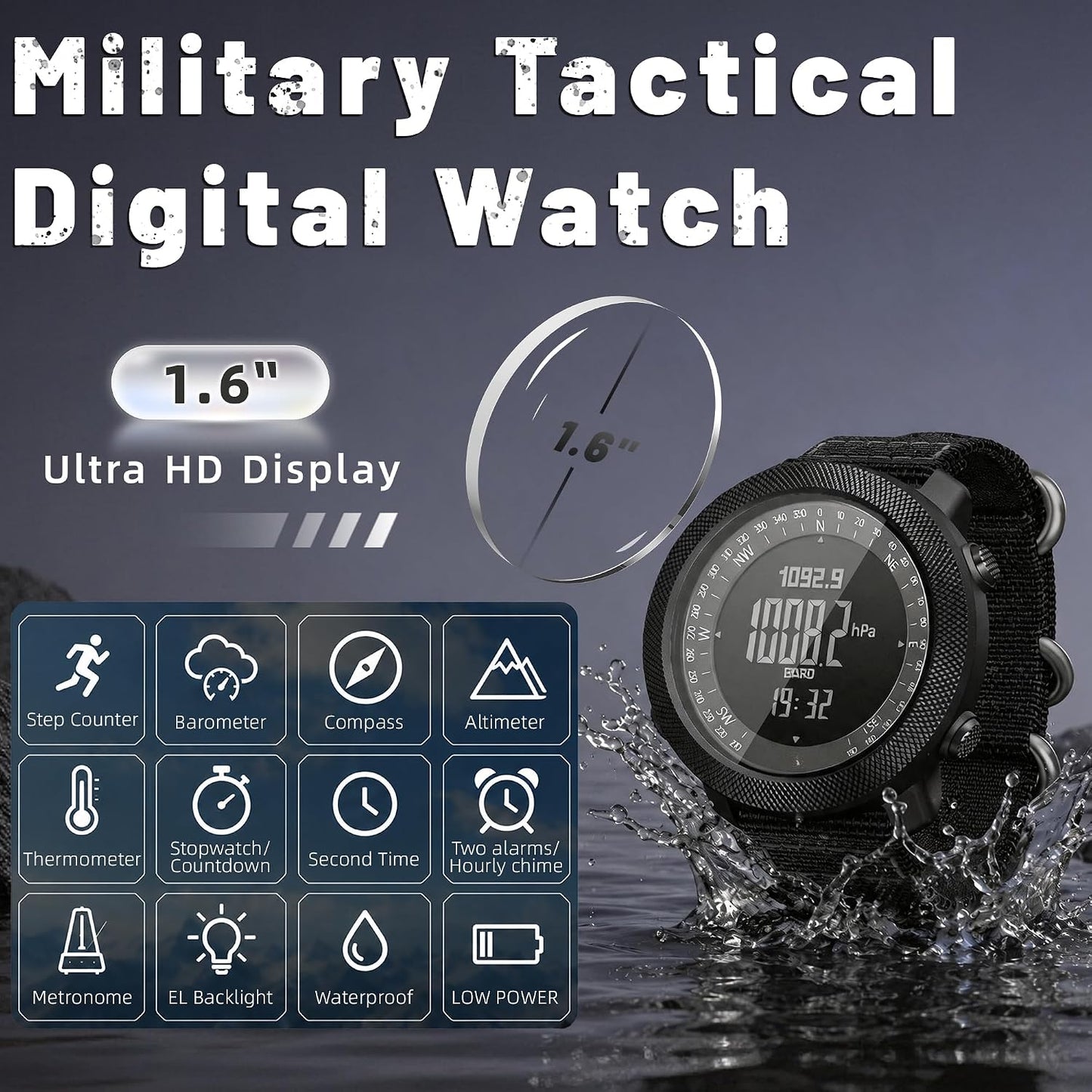 HOTCakCity Digital Watch Military Tactical Watches for Men, 50mm Large Face Zinc Alloy Case with Breathable Double-Layer Nylon Strap, 5ATM Waterproof Shockproof, Altimeter, Barometer, Thermometer, Dual Time, Compass, Alarm, Stopwatch, Countdown