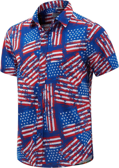 HOTENVMENST Men's American Flag Button Down Shirts Casual Short Sleeve Patriotic Hawaiian Shirt