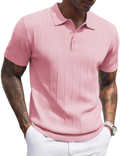 HOTCOOFANDY Mens Knit Polo Shirts Short Sleeve Ribbed Textured Polo Shirt Lightweight Casual Golf Shirts Collared T Shirt