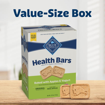 HOTBlue Buffalo Health Bars Apples & Yogurt Crunchy Dog Biscuits, Oven-Baked with Real Apples & Natural Ingredients, Healthy Dog Treats with No Artificial Flavors or Preservatives, Jumbo Box 3.5 lbs.
