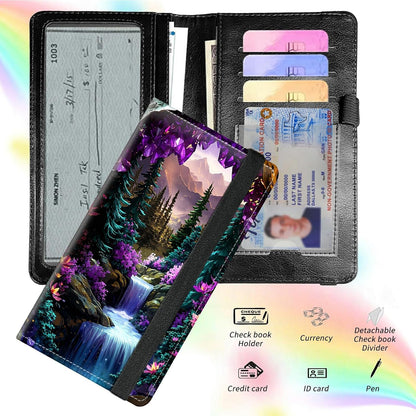 HOTCheck Register Covers for Personal Checkbook Women & Men, Large Capacity Leather Check Book Cover with Pen Holder Organizer Ladies Card Wallet w/RFID Blocking, Purple Mountains